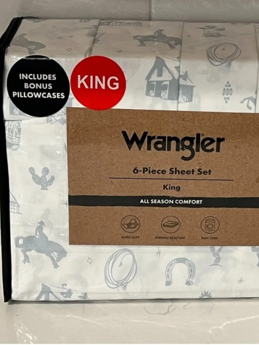 WRANGLER KING On the Ranch Sheet Set 6pc New White Blue Western Cowboy Boots Hat